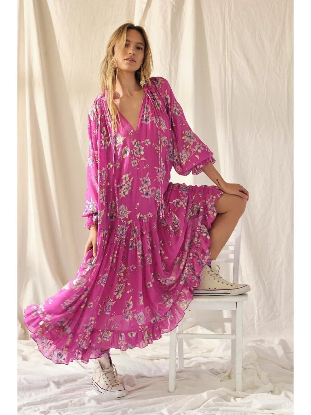 NWT Free People Feeling Groovy Maxi in Pink Floral Metallic Foil Dress S
